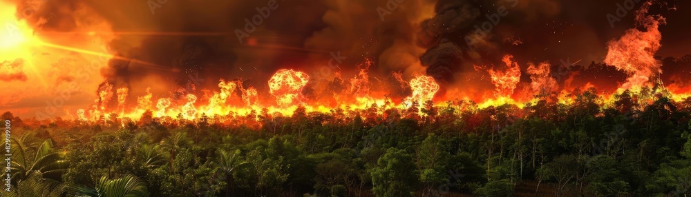 A massive forest fire rages, engulfing vegetation in flames under a dramatic, smoky sunset sky.