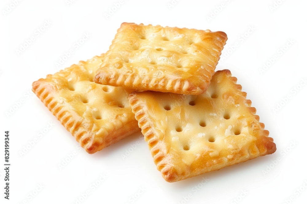 Three cheese crackers with cheese on white Three cheese crackers with cheese on white