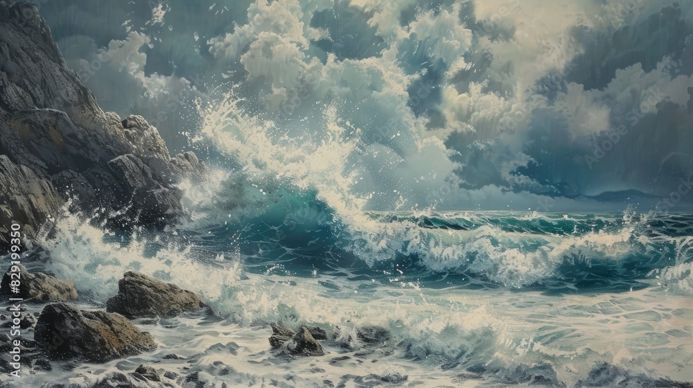 Waves crashing against a rocky shoreline Waves crashing against a rocky shoreline