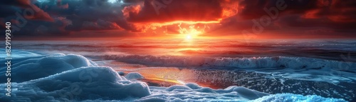 Breathtaking sunset over a serene ocean with ice formations in the foreground, capturing the beauty of nature and a stunning sky.
