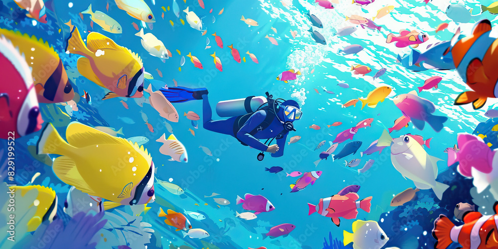 Cerulean Blue Illustration: A diver swims amongst a school of colorful fish, marveling at the beauty of their underwater world
