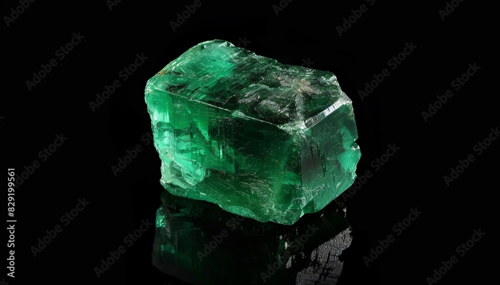 Shimmering valuable green gem raw emerald on black backdrop Shimmering valuable green gem raw emerald on black backdrop