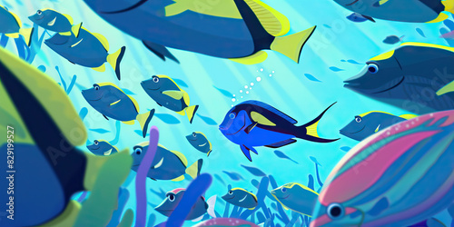 Cerulean Blue Illustration: A diver swims amongst a school of colorful fish, marveling at the beauty of their underwater world