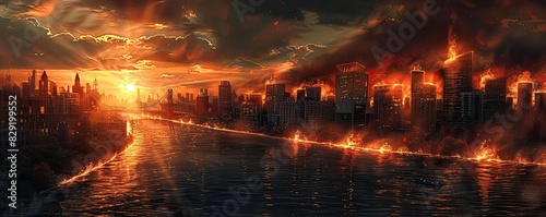 A dramatic sunset over a cityscape with raging fires and smoky skies reflecting off the river, depicting a dystopian urban scene.