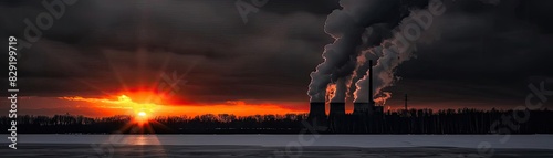 Stunning industrial landscape with power plant emissions against a dramatic sunset  with vibrant colors and contrasting silhouettes.