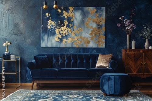 Wallpaper Mural Stylish living room with blue velvet sofa wooden commode golden decor dark blue wallpaper Template with copy space Torontodigital.ca