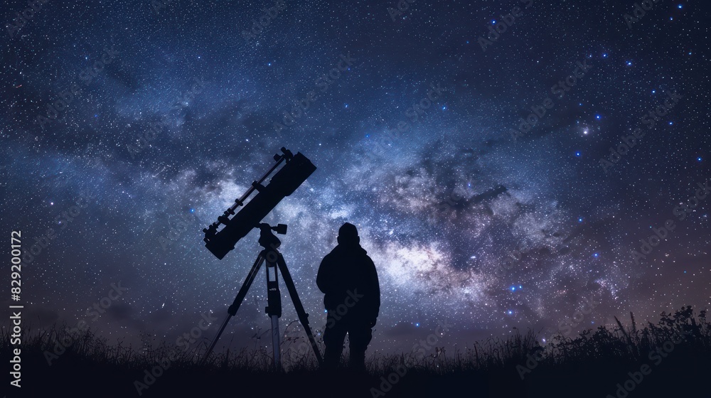 Silhouette of a man outdoors with his telescope observing outer space on a clear night, with a view of the star dust of the milky way galaxy in the background. Silhouette of a man outdoors with his telescope observing outer space on a clear night, with a view of the star dust of the milky way galaxy in the background.