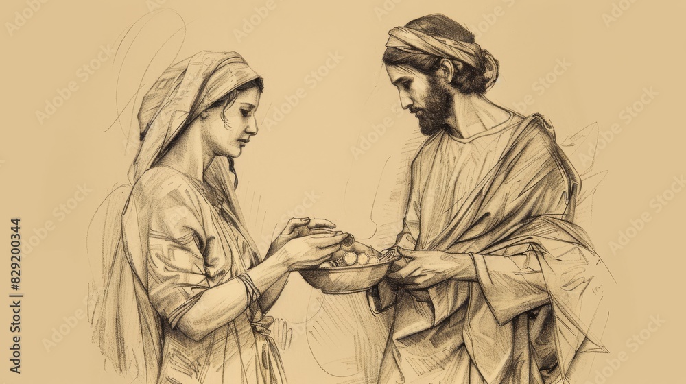 Widow Offering Two Small Coins in Temple, Jesus Observing, Commending Her, Biblical Illustration, Beige Background, Copyspace