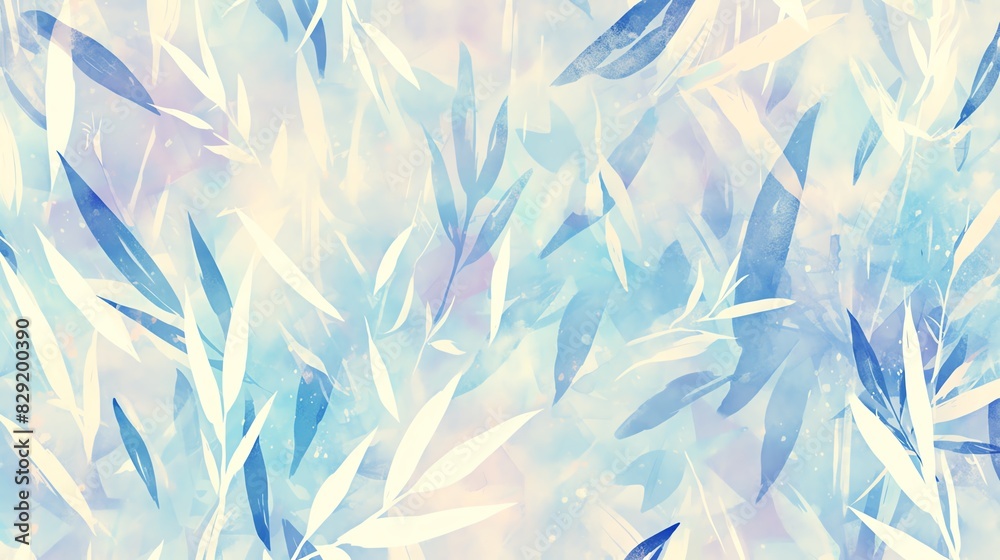 Aquarela bamboo leaves, blue and white seamless pattern. Delicate botanical wallpaper. Watercolor hand painted.