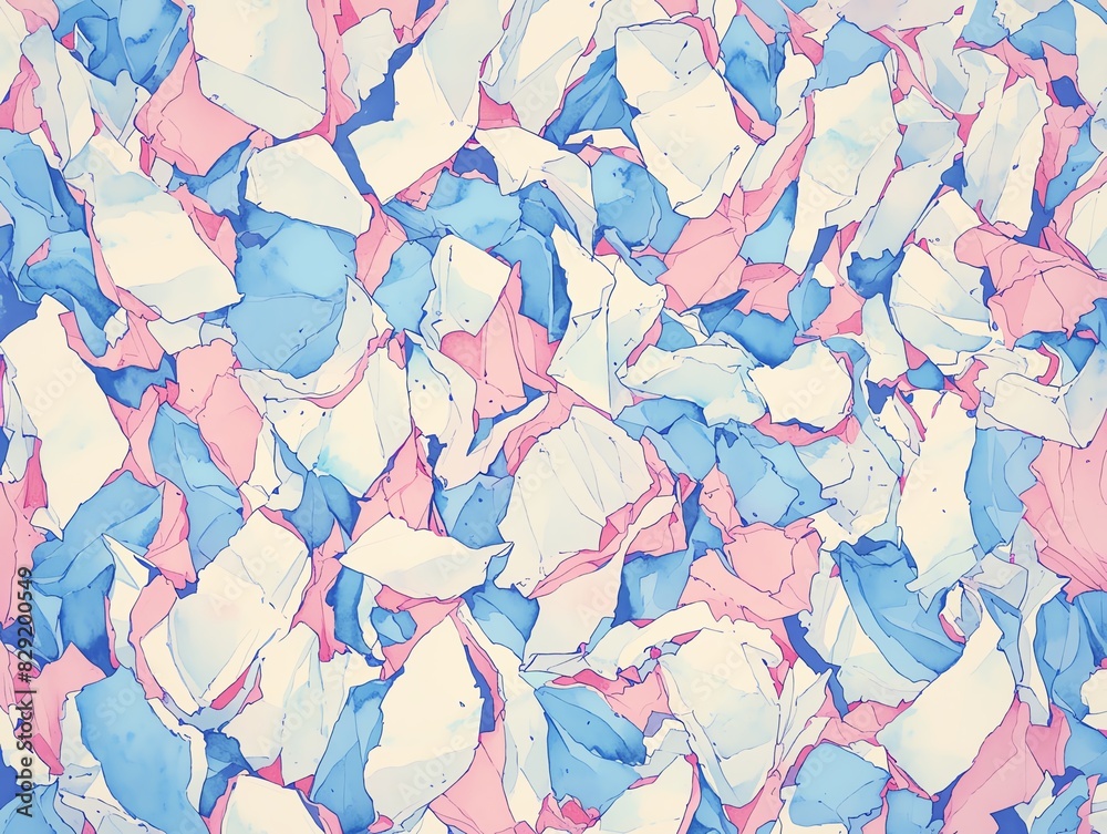 A colorful abstract painting with a variety of shapes and colors. The colors are pink, blue, and white. The shapes are all different sizes and shapes. A colorful abstract painting with a variety of shapes and colors. The colors are pink, blue, and white. The shapes are all different sizes and shapes.