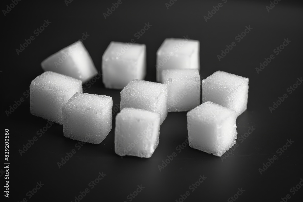 Sugar cubes on black background symbolize unhealthy nutrition causing obesity diabetes and dental issues