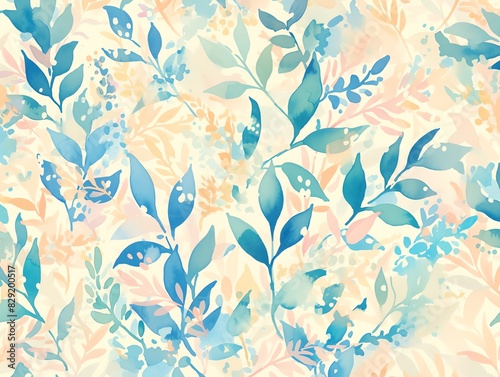 Wallpaper Mural A beautiful watercolor painting of blue and green leaves and vines on a light yellow background Torontodigital.ca