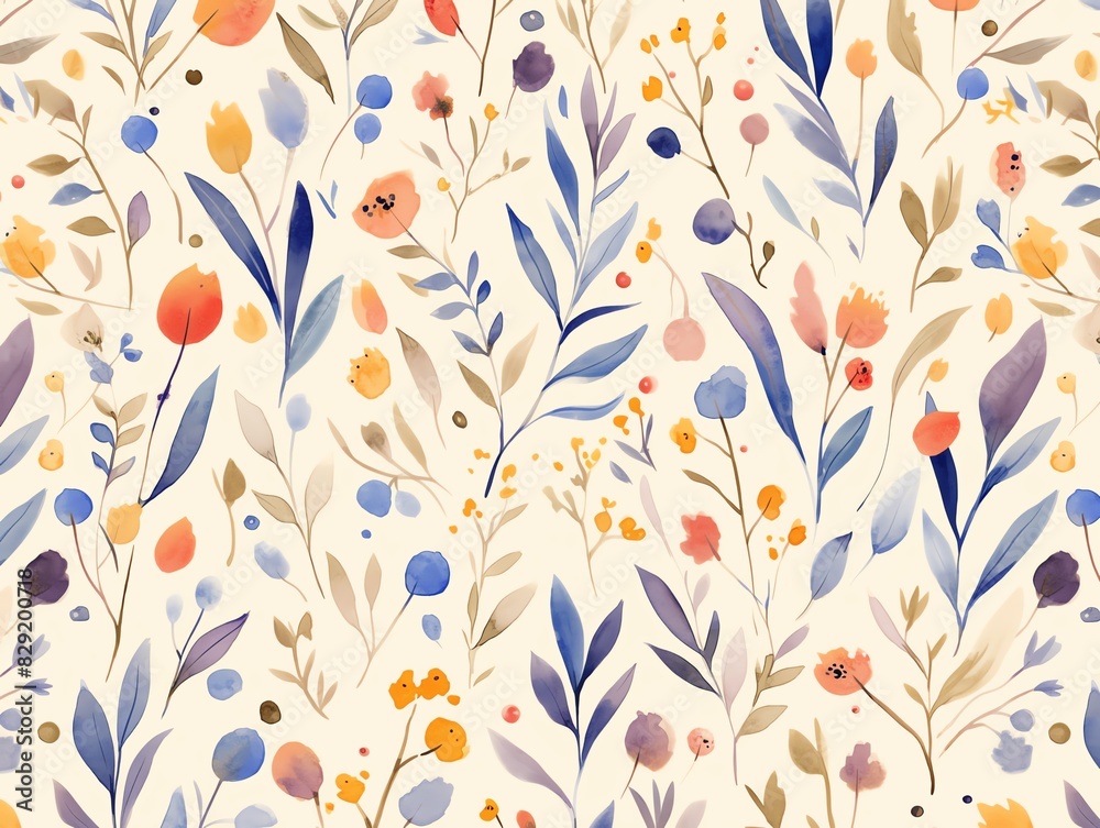A beautiful floral pattern with a variety of flowers and leaves in a watercolor style A beautiful floral pattern with a variety of flowers and leaves in a watercolor style