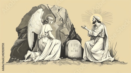 Jesus' Resurrection with Angel, Stone Rolled Away from Tomb, Morning Light, Biblical Illustration, Beige Background, Copyspace
