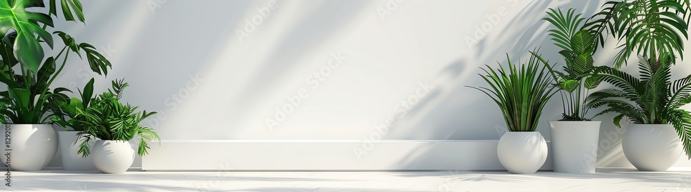 tropical plants in white pots on empty background with podium for product display presentation mock up. Minimalist style interior design concept, banner template. all focus, brightness tropical plants in white pots on empty background with podium for product display presentation mock up. Minimalist style interior design concept, banner template. all focus, brightness