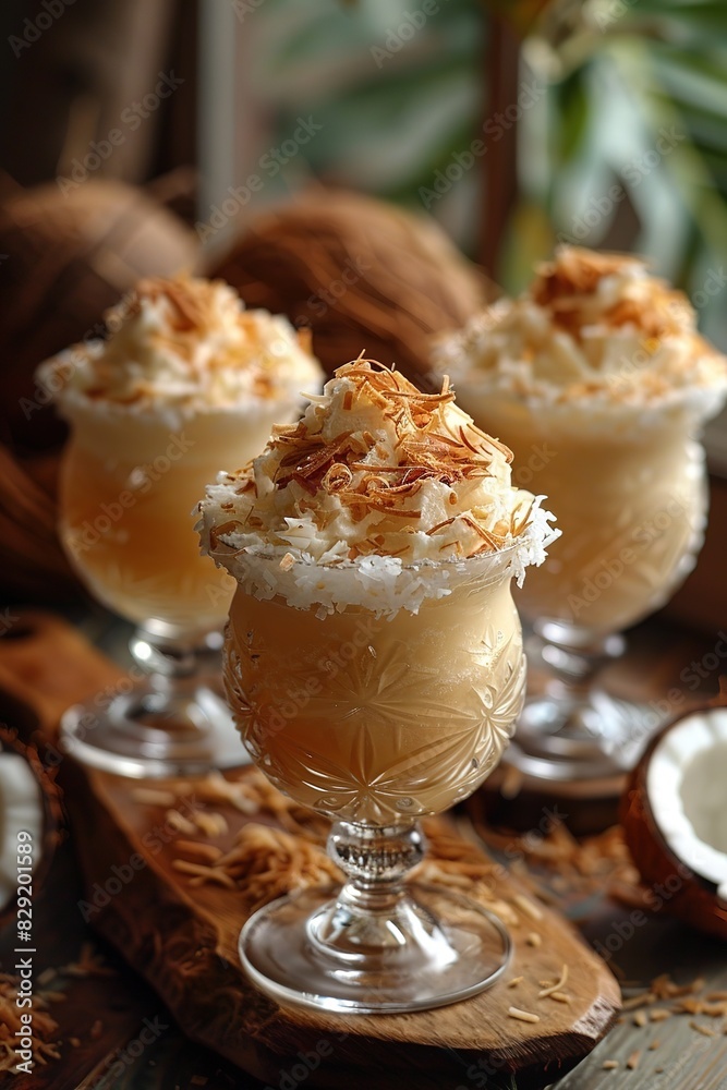 Traditional caribbean summer Pina Colada cocktail with rum, coconut milk and pineapple garnish Traditional caribbean summer Pina Colada cocktail with rum, coconut milk and pineapple garnish