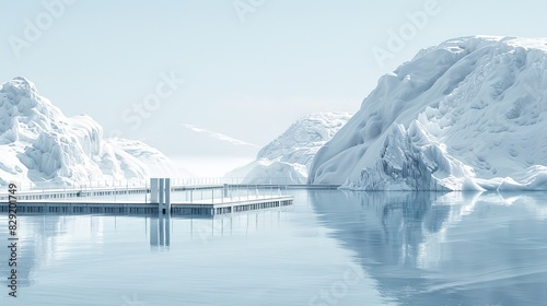 Realistic Photography: Snow-Covered Mountains and Landscapes in Post-Minimalist Style with Surreal Water Staging, New Horizon Minimalism, Sky Blues, Whites, Floating Structures photo