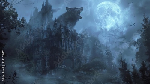 hairy werewolf howling at the full moon eerie gothic house in misty dark forest digital fantasy illustration