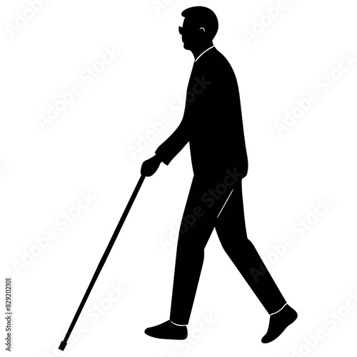 A blind man walking with cane vector silhouette, isolated  white background