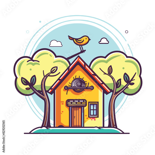 Colorful cartoon house, surrounded trees, bird atop, sunshaped decoration above door. Trees green foliage, small bird perched, vibrant yellow house, blue sky. Simplistic style, whimsical photo