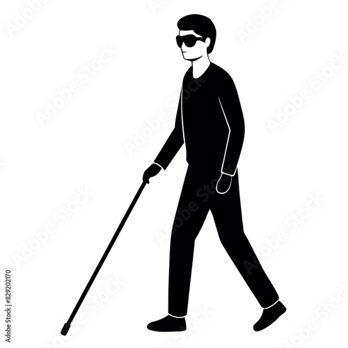 A blind man walking with cane vector silhouette, isolated  white background