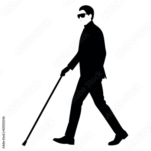 A blind man walking with cane vector silhouette, isolated  white background