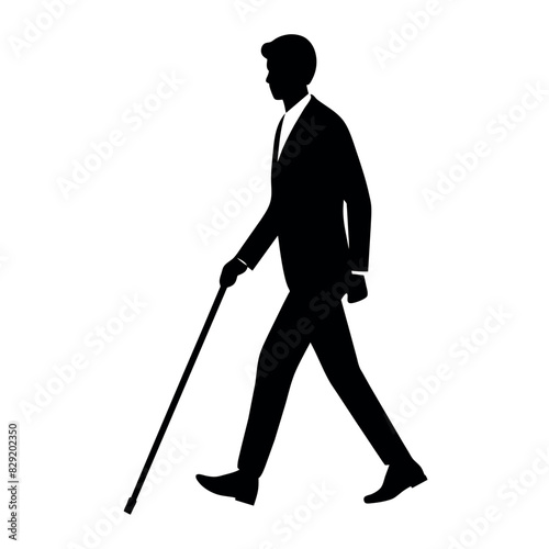 A blind man walking with cane vector silhouette, isolated  white background