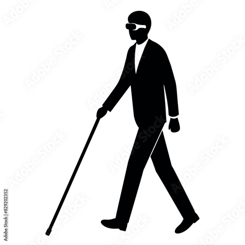 A blind man walking with cane vector silhouette, isolated  white background