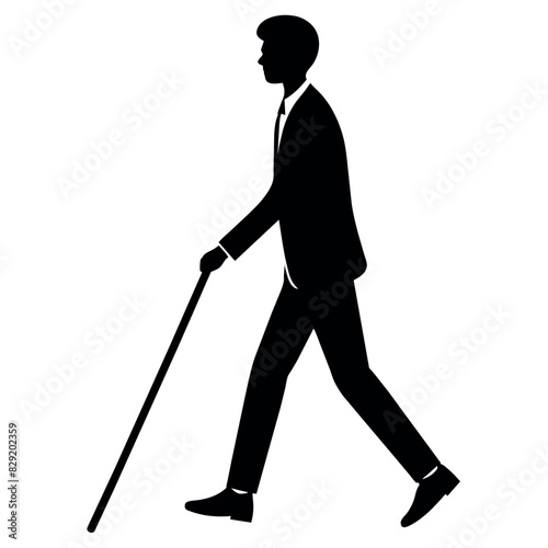A blind man walking with cane vector silhouette, isolated  white background