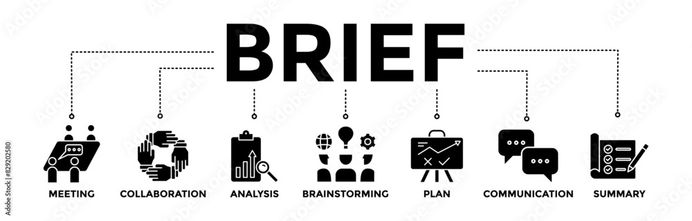 Brief banner icons set. Vector graphic glyph style with icon of meeting, collaboration, analysis, brainstorming, plan, communication, and summary Brief banner icons set. Vector graphic glyph style with icon of meeting, collaboration, analysis, brainstorming, plan, communication, and summary