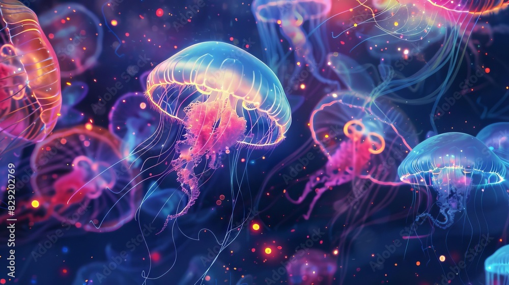 luminescent jellyfish swimming in a sea of glowing underwater creatures digital art luminescent jellyfish swimming in a sea of glowing underwater creatures digital art