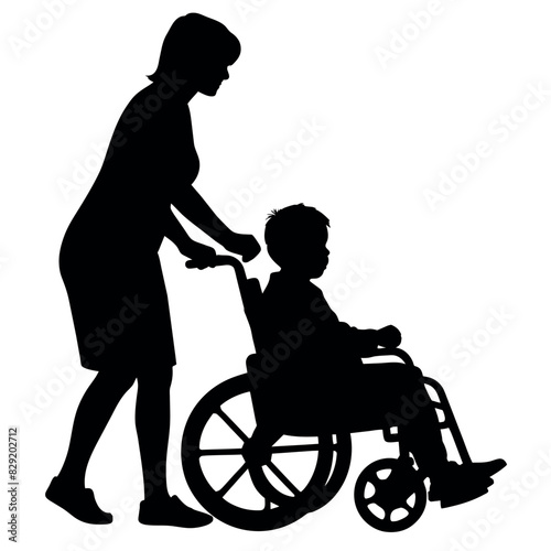 A Disable Child sitting on the Wheel Chair and a woman push up the chair and helping the child vector silhouette