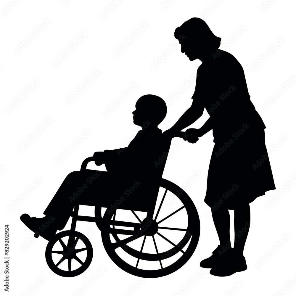 A Disable Child sitting on the Wheel Chair and a woman push up the chair and helping the child vector silhouette A Disable Child sitting on the Wheel Chair and a woman push up the chair and helping the child vector silhouette