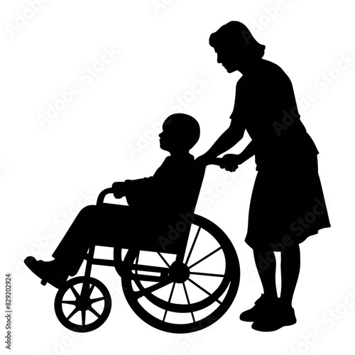 A Disable Child sitting on the Wheel Chair and a woman push up the chair and helping the child vector silhouette