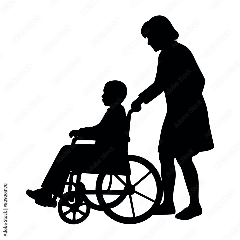 A Disable Child sitting on the Wheel Chair and a woman push up the chair and helping the child vector silhouette A Disable Child sitting on the Wheel Chair and a woman push up the chair and helping the child vector silhouette