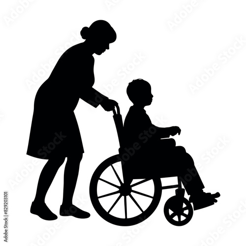 A Disable Child sitting on the Wheel Chair and a woman push up the chair and helping the child vector silhouette