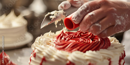 A baker meticulously pipes buttercream frosting onto a delicate white cake, carefully swirling the red icing into a lovely pattern