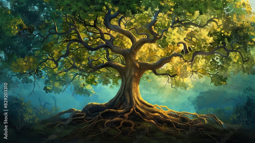majestic oak tree with deep roots and farreaching branches digital painting majestic oak tree with deep roots and farreaching branches digital painting