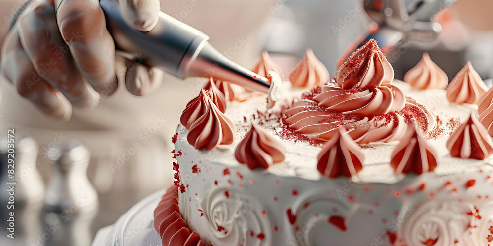 Fototapeta premium A baker meticulously pipes buttercream frosting onto a delicate white cake, carefully swirling the red icing into a lovely pattern