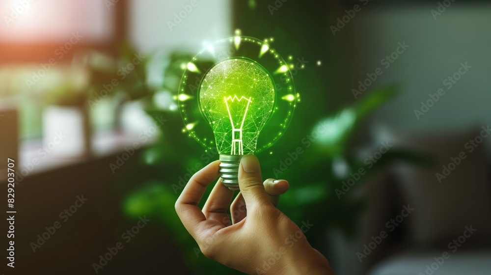 Sustainable energy concept. Person touching virtual green light bulb icon for sustainable energy at home. Environmental green energy