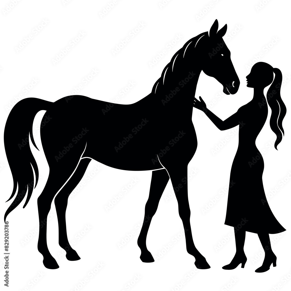 Obraz premium A Woman Standing with a horse, A horse lover girl with a horse, fall in love, animal lover, silhouette, isolated white background