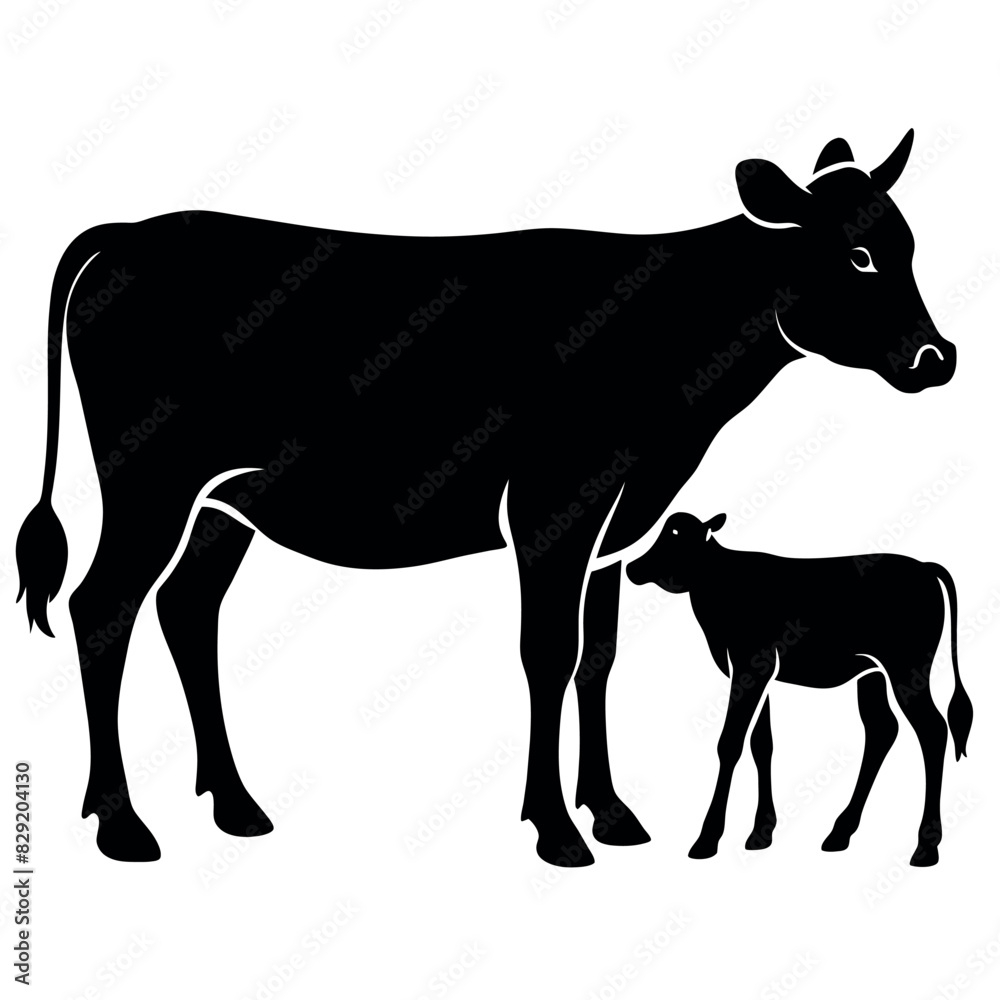 Fototapeta premium A cow With Calf vector silhouette, a cow standing with a new born calf silhouette isolated white background