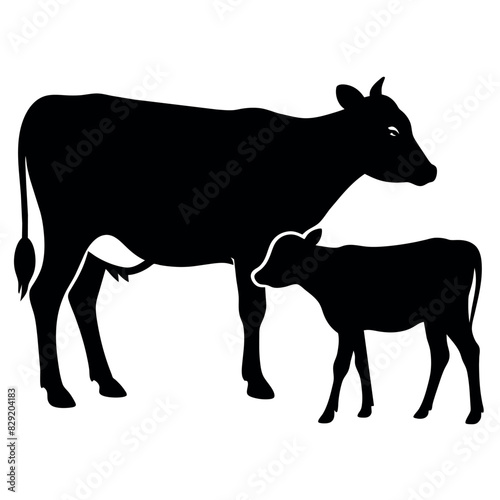 A cow With Calf vector silhouette  a cow standing with a new born calf silhouette isolated white background
