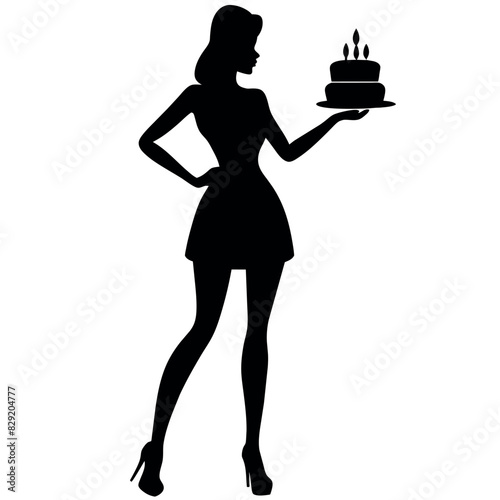 Obraz na płótnie A Girl standing with holding a birthday cake on the hand, vector silhouette, a modern girl holding cake silhouette w salonie