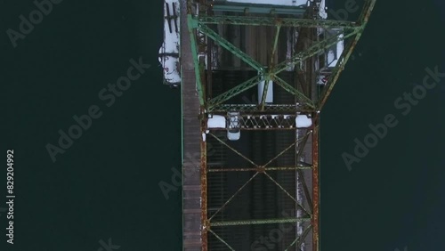 Cherry Street Strauss Trunnion Bascule Bridge with White Van Crossing, Aerial Top Down Dolly Shot. photo