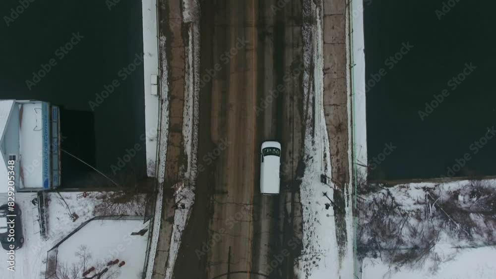 White Van Driving Over Cherry Street Strauss Trunnion Bascule Bridge at Toronto Docks, Top Down Aerial Dolly Drone Shot. Canada, White Van Driving Over Cherry Street Strauss Trunnion Bascule Bridge at Toronto Docks, Top Down Aerial Dolly Drone Shot. Canada,