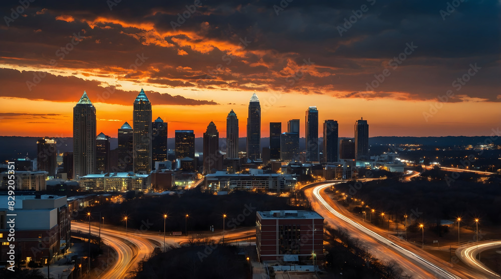 Sunset over Atlanta skyline a bustling city with traffic and towering buildings painted in silhouette. Sunset over Atlanta skyline a bustling city with traffic and towering buildings painted in silhouette.