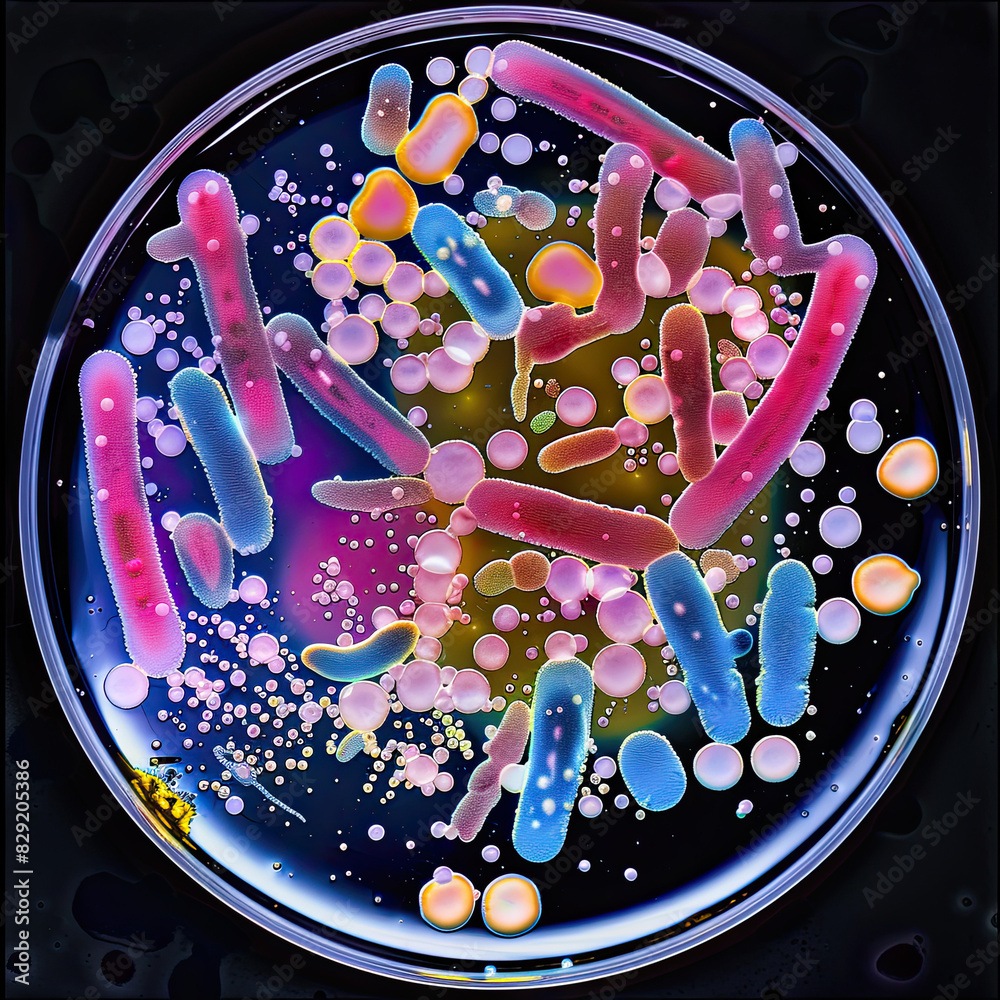 Microscopic photograph of bacteria in a petri dish with nutrient agar ...