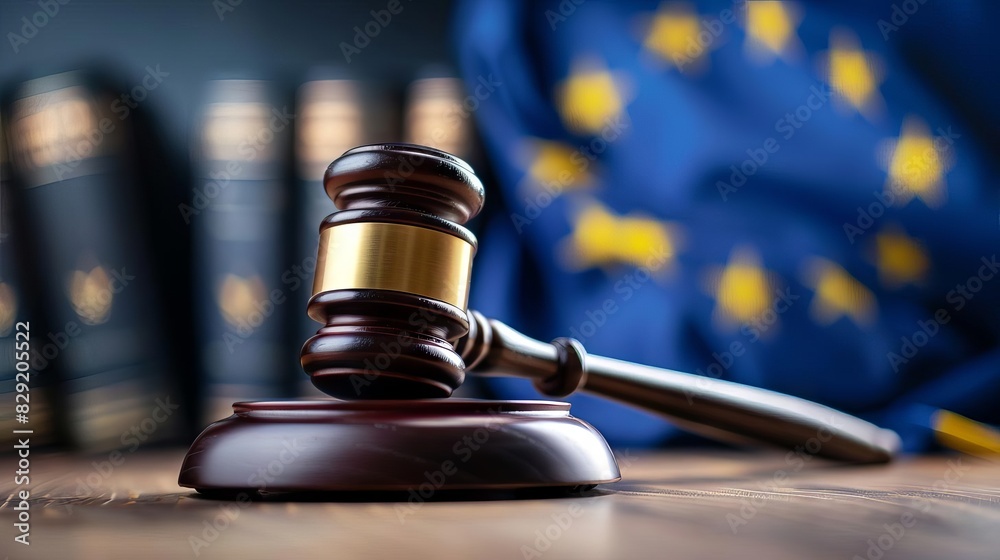 wooden gavel on desk with blurred eu flag legal authority concept photography wooden gavel on desk with blurred eu flag legal authority concept photography