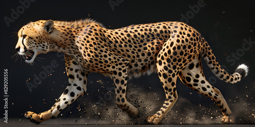 Cheetah with black background. A beautiful cheetah is walking across the savanna The cheetah is in midstride and its powerful muscles are evident.